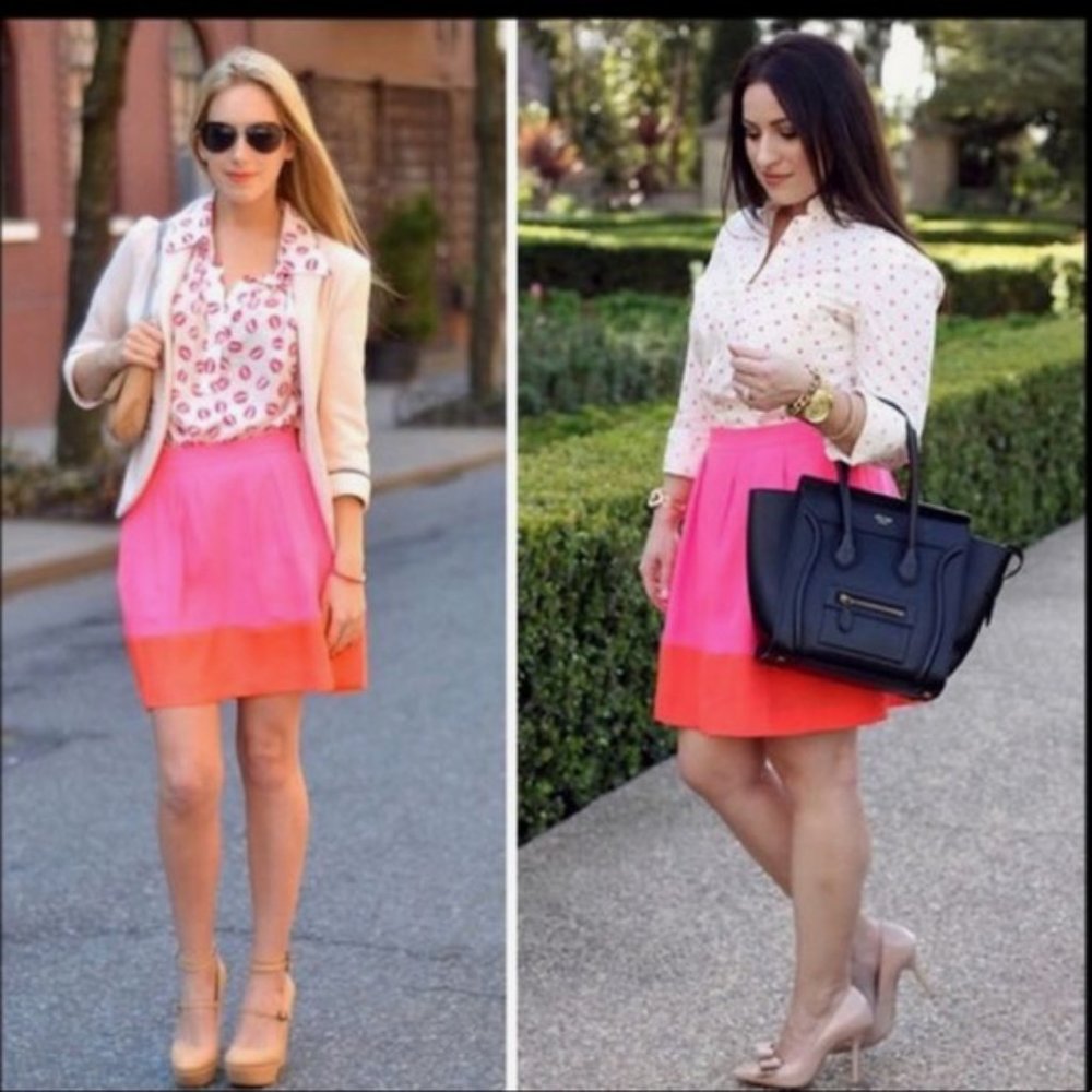 Pink Orange Colorblock Skirt with Pockets